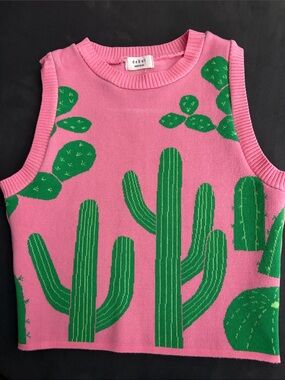 debut Pink Tank Top with Green Cactus Design